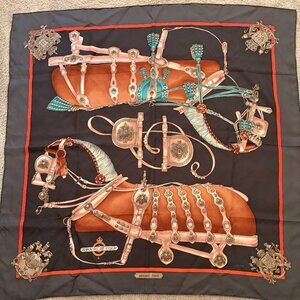 HERMES Silk Scarf 90 "Harnais De Cour" design by renown Phillippe Ledoux